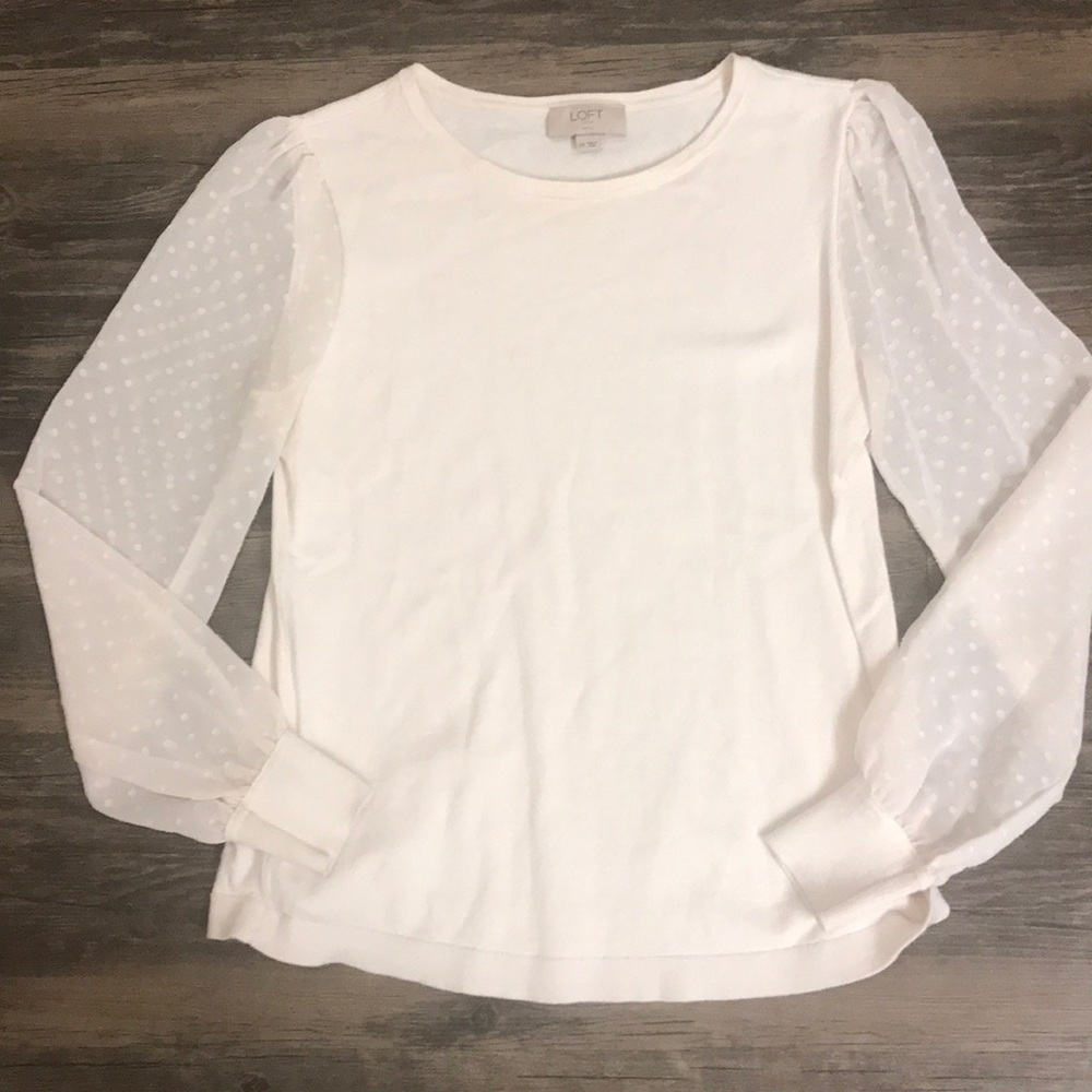 Loft cream top with sheer polka dot long sleeves
